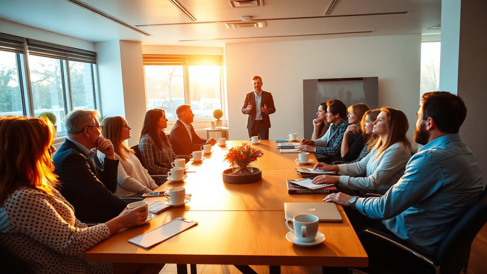 Morning business networking meeting in Wichita with professionals around a table and coffee in golden light