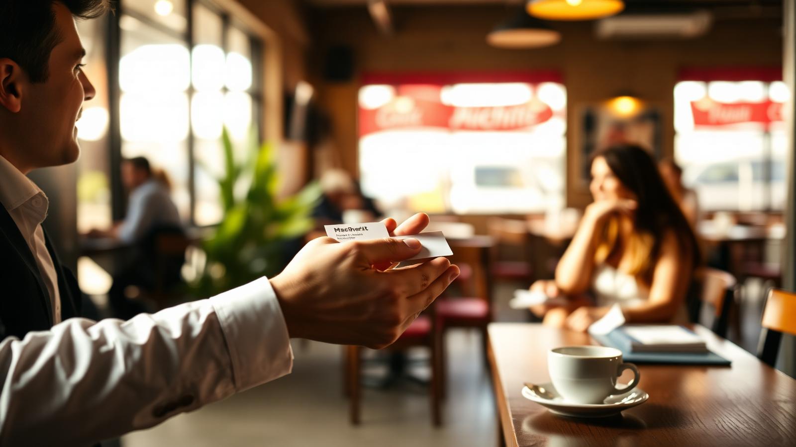 Wichita professional handing a business card across a coffee shop table