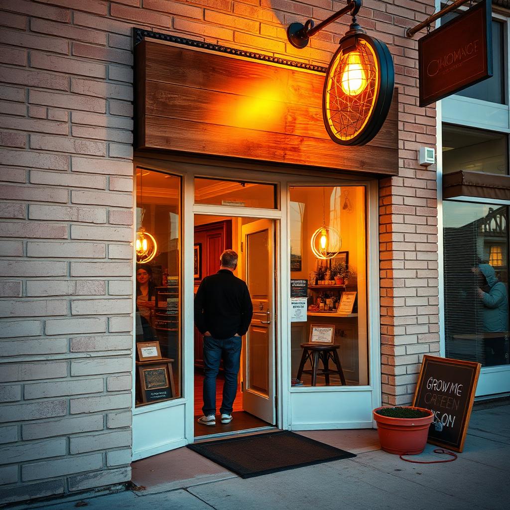Small business owner opening the door of a warm, welcoming Wichita storefront at golden hour