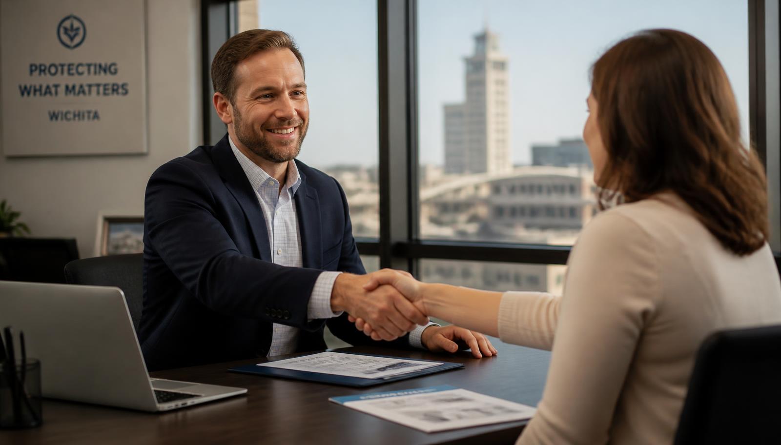 Insurance agent shaking hands with a client in a Wichita office