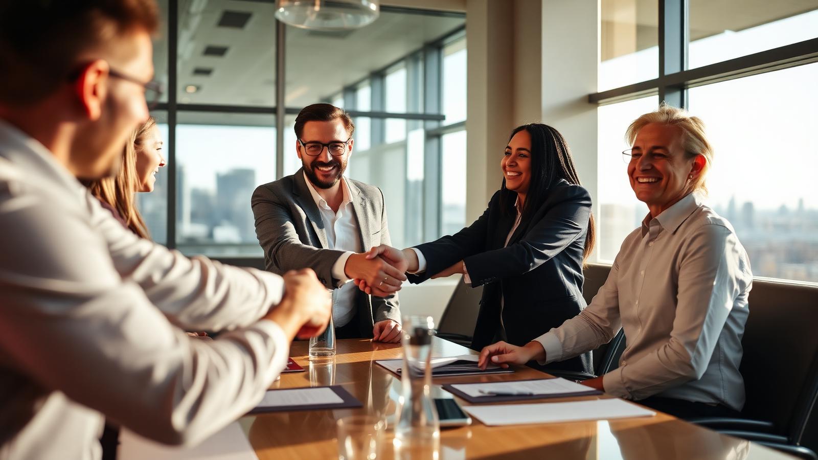 Wichita business professionals shaking hands around a conference table at a networking meeting