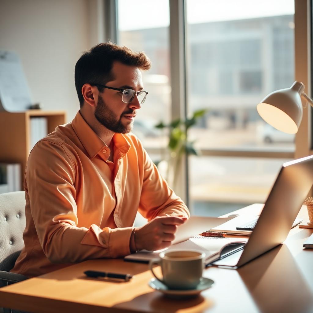 Wichita business owner thoughtfully weighing a decision at a bright morning desk with coffee and a notebook